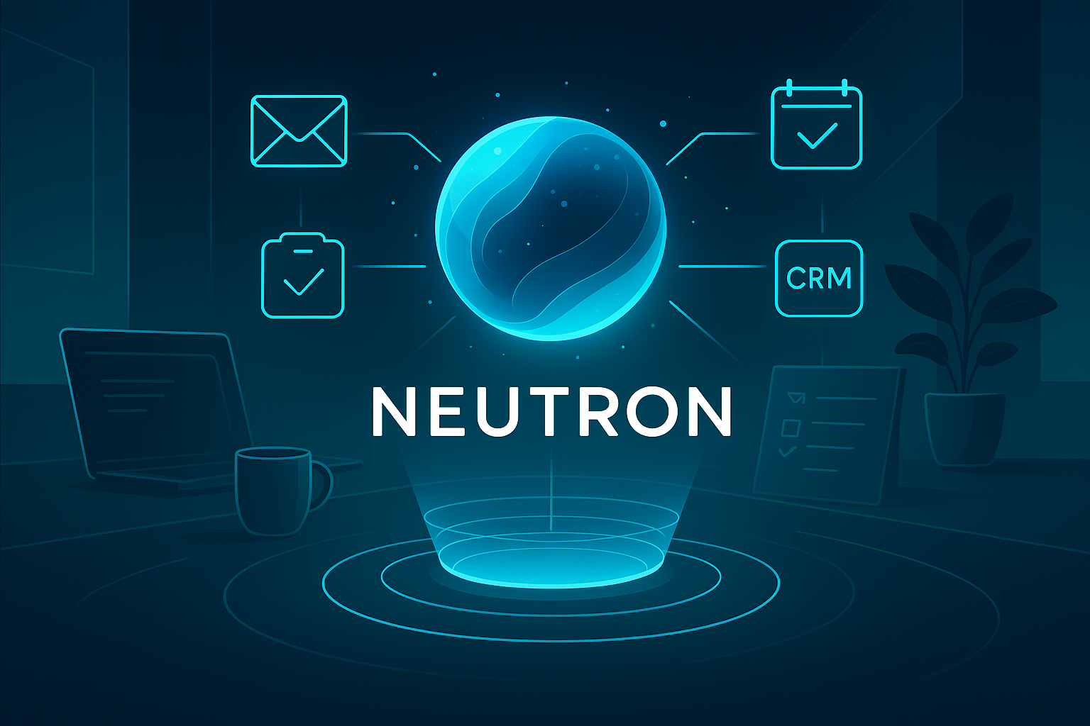 Neutron AI assistant dashboard showing integrations with email, calendar, tasks, and CRM